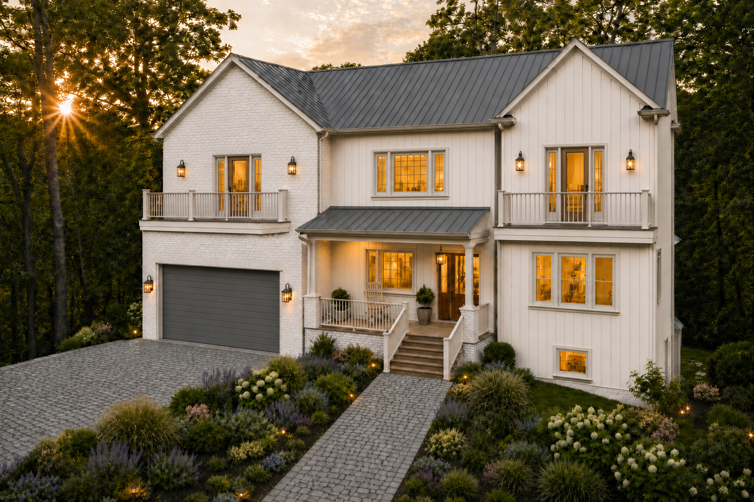 Render — front exterior concept for 38 Dubois Avenue with limewashed brick, vertical warm-white siding, a medium-gray metal roof, gray cobblestone, and four balcony lanterns
