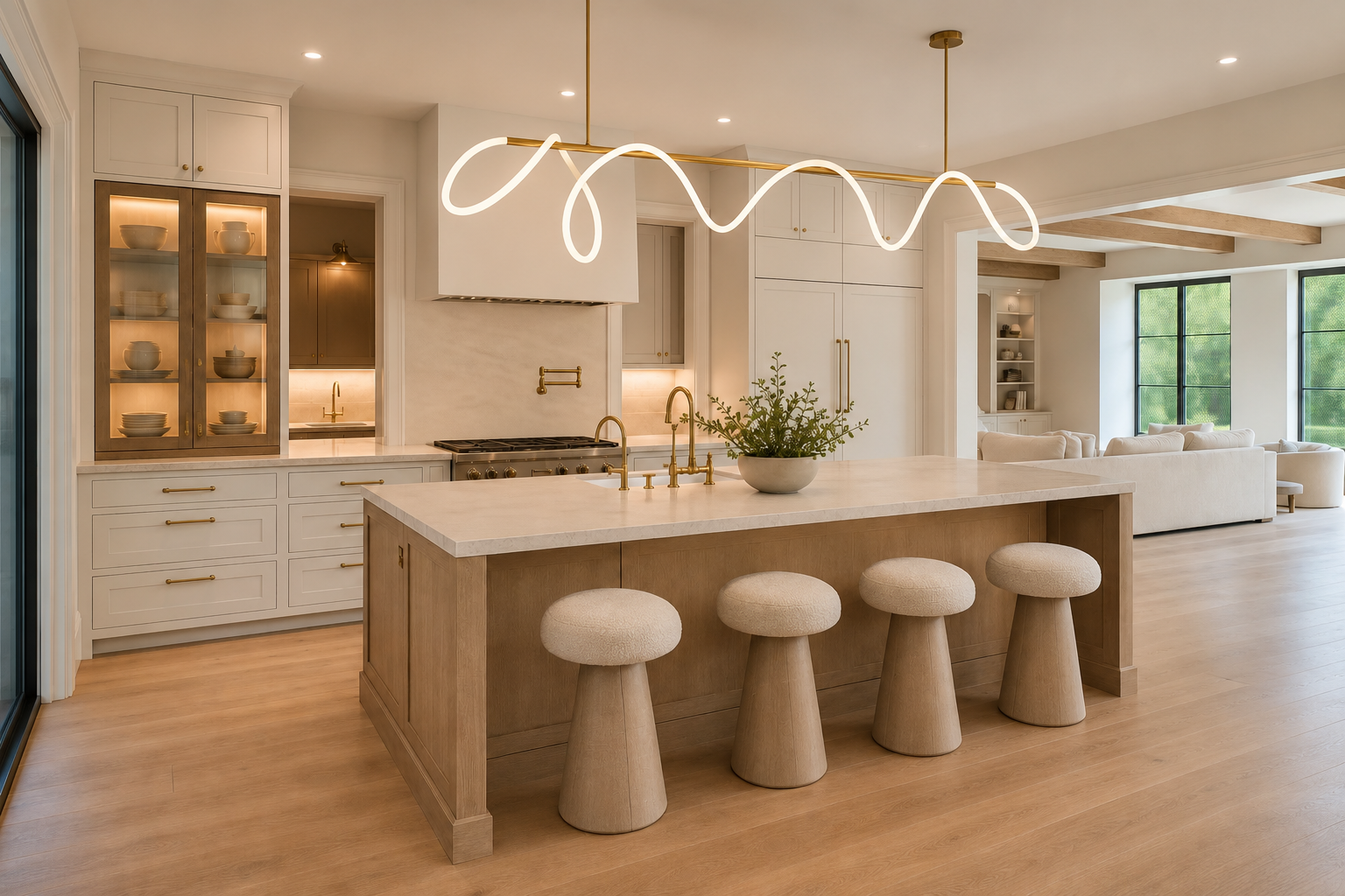 Render — main-level kitchen concept with white-oak island and warm-white cabinetry