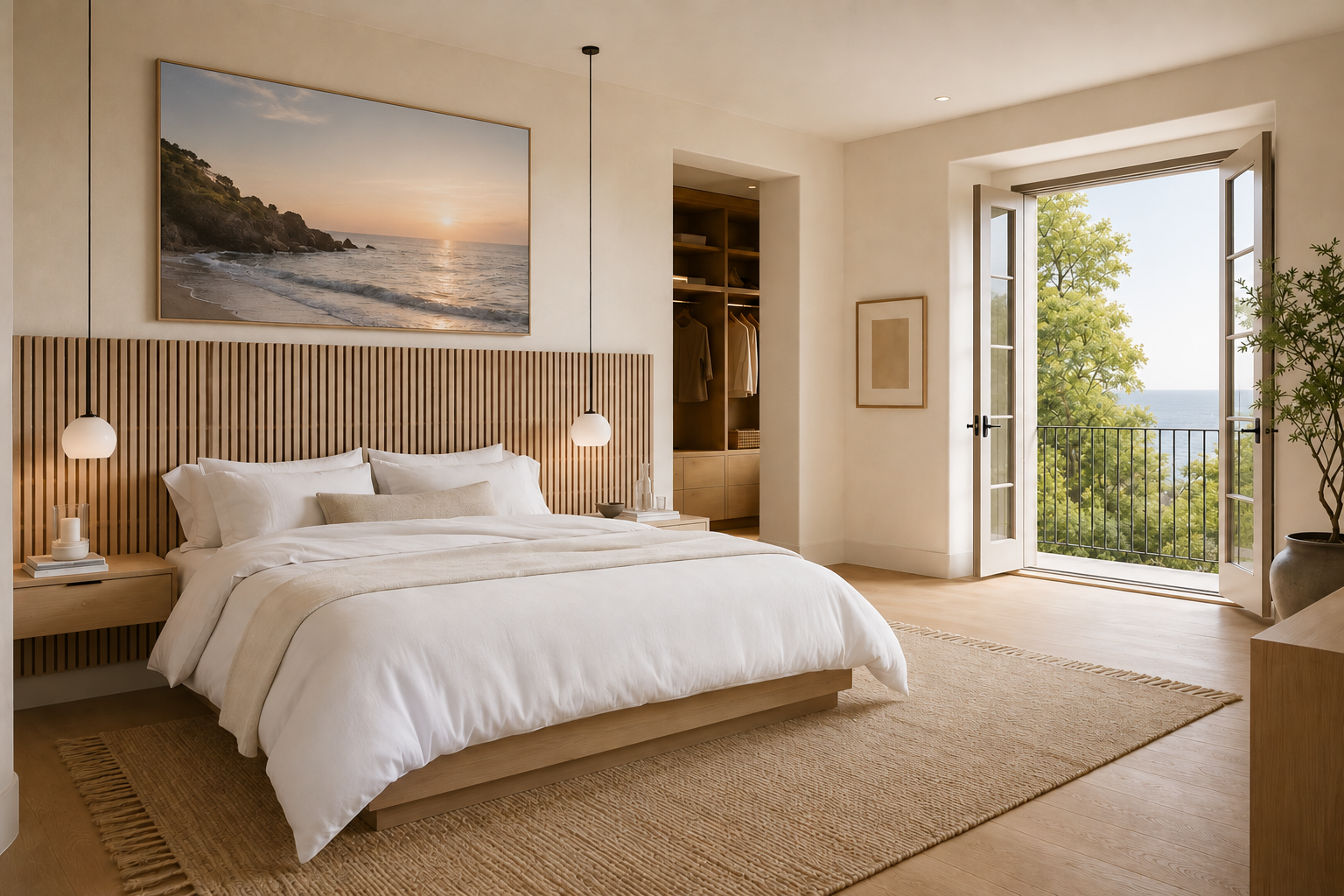 Render — master bedroom concept opening to the private rear balcony
