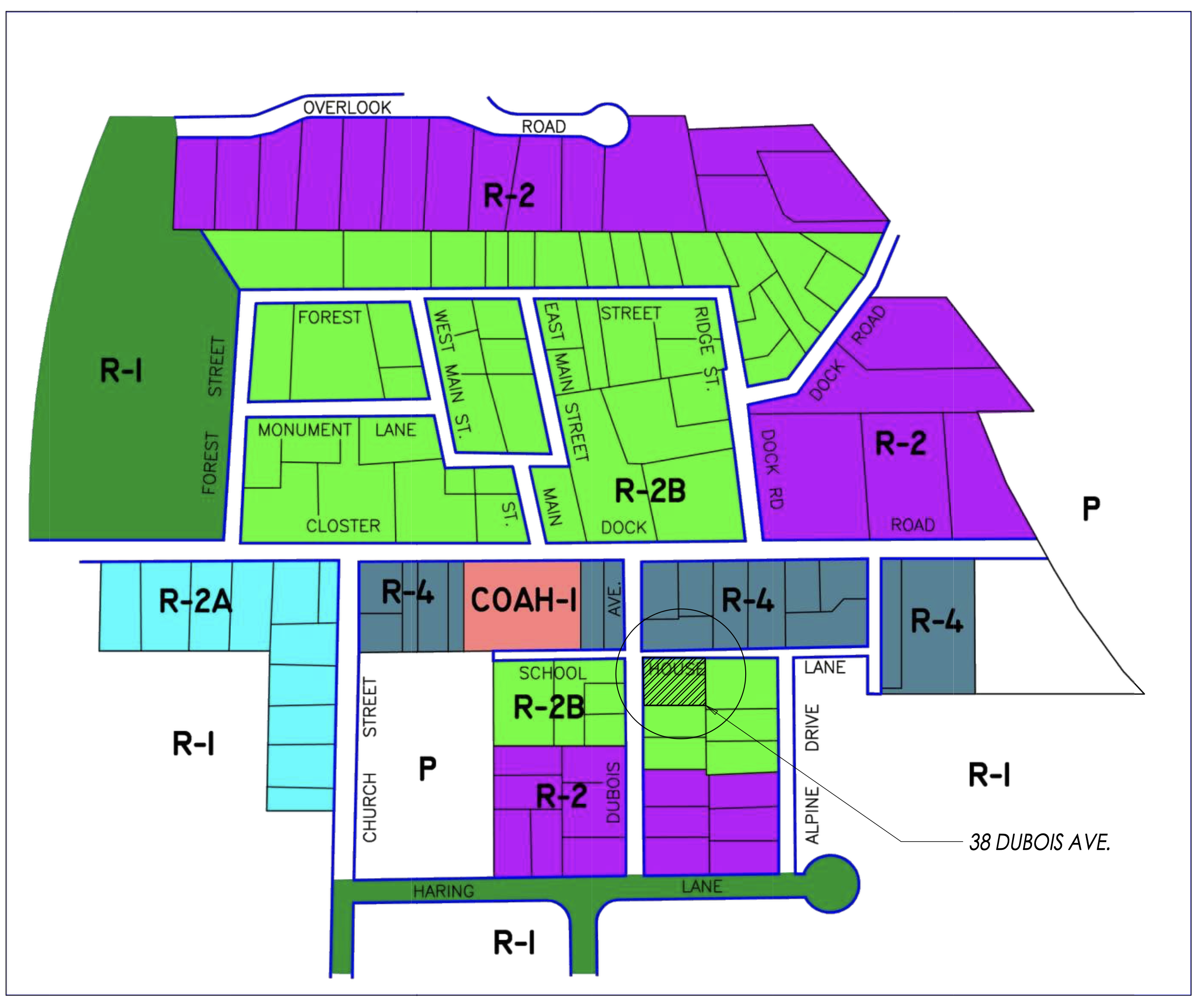 Source — Alpine zoning map locating 38 Dubois Avenue in the R-2B district, shown in grayscale